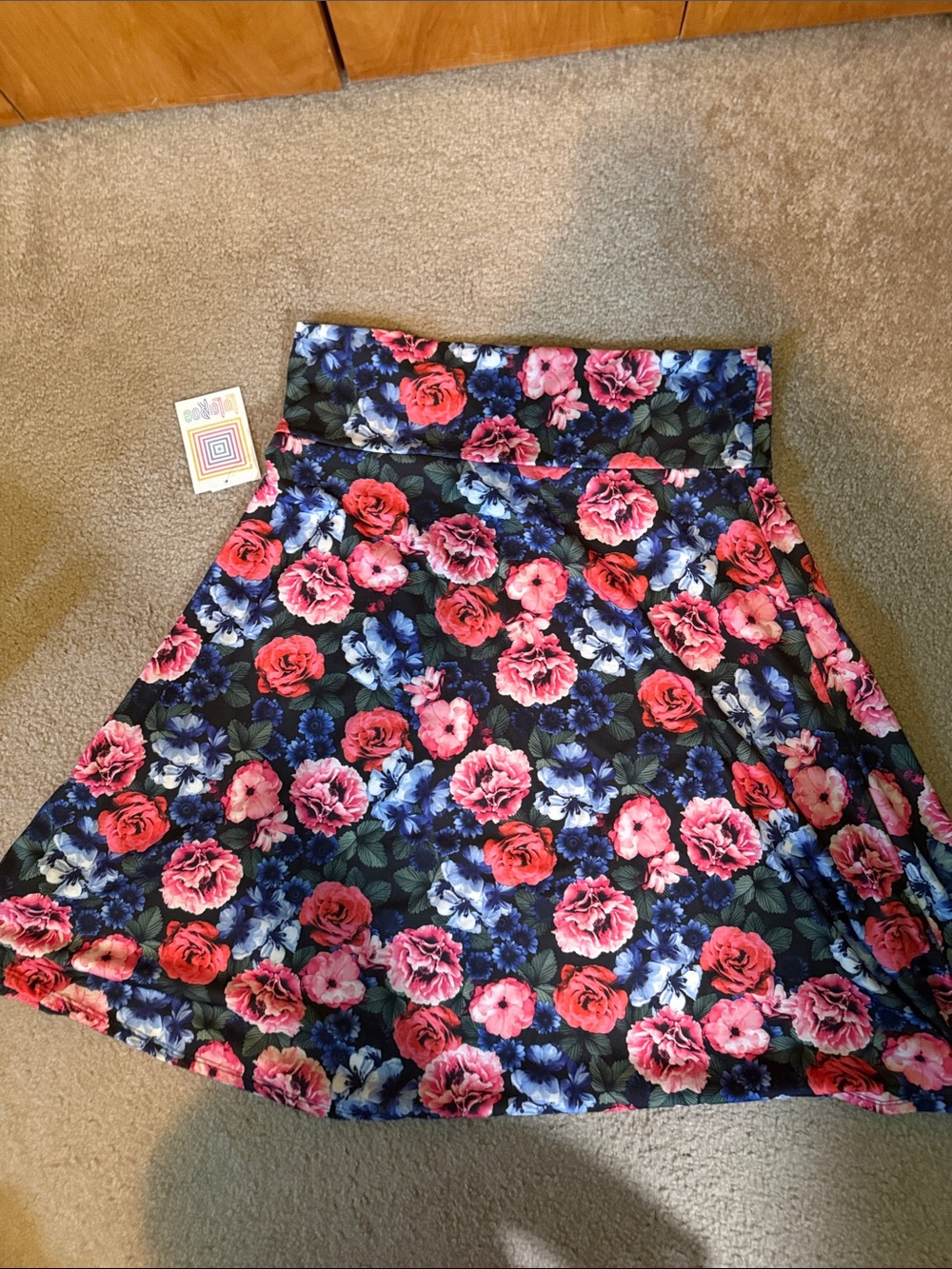 LuLaRoe Black Skater Skirt with Pink and Blue Floral Print